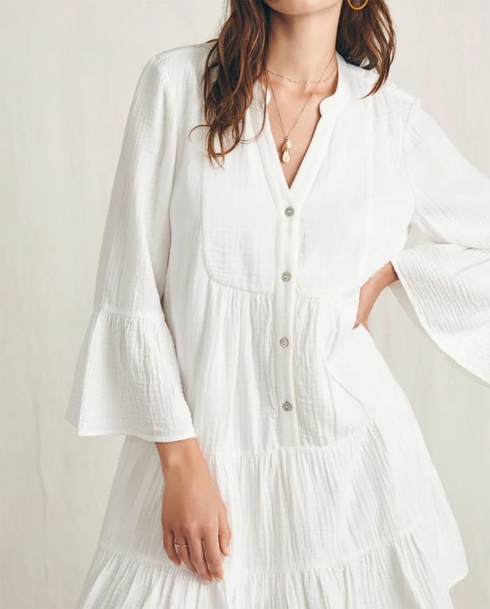 R.Vivimos Cotton Dresses for Women Summer V Neck 3/4 Flare Sleeve Button Front Casual Loose Tiered Mini Dress
