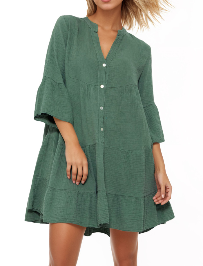 R.Vivimos Cotton Dresses for Women Summer V Neck 3/4 Flare Sleeve Button Front Casual Loose Tiered Mini Dress