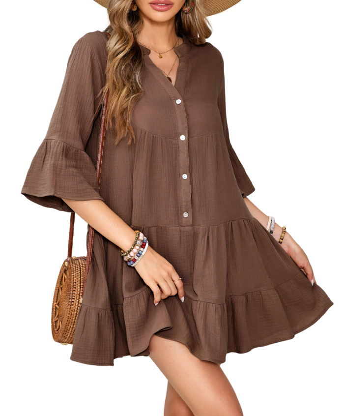 R.Vivimos Cotton Dresses for Women Summer V Neck 3/4 Flare Sleeve Button Front Casual Loose Tiered Mini Dress