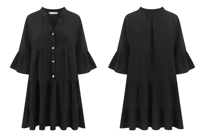 R.Vivimos Cotton Dresses for Women Summer V Neck 3/4 Flare Sleeve Button Front Casual Loose Tiered Mini Dress