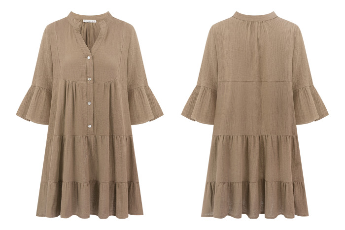 R.Vivimos Cotton Dresses for Women Summer V Neck 3/4 Flare Sleeve Button Front Casual Loose Tiered Mini Dress