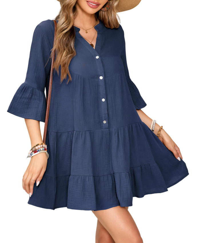 R.Vivimos Cotton Dresses for Women Summer V Neck 3/4 Flare Sleeve Button Front Casual Loose Tiered Mini Dress