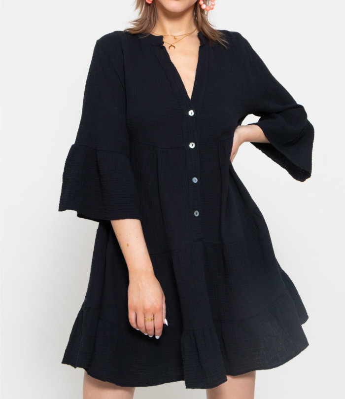 R.Vivimos Cotton Dresses for Women Summer V Neck 3/4 Flare Sleeve Button Front Casual Loose Tiered Mini Dress
