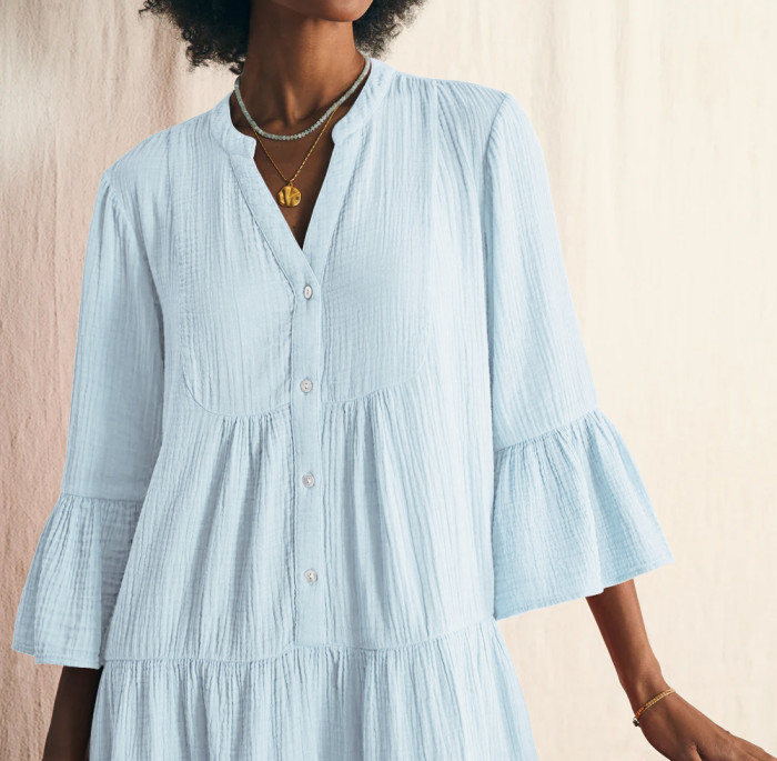 R.Vivimos Cotton Dresses for Women Summer V Neck 3/4 Flare Sleeve Button Front Casual Loose Tiered Mini Dress