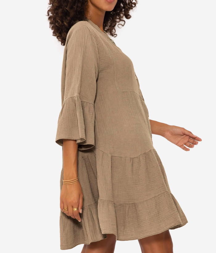R.Vivimos Cotton Dresses for Women Summer V Neck 3/4 Flare Sleeve Button Front Casual Loose Tiered Mini Dress