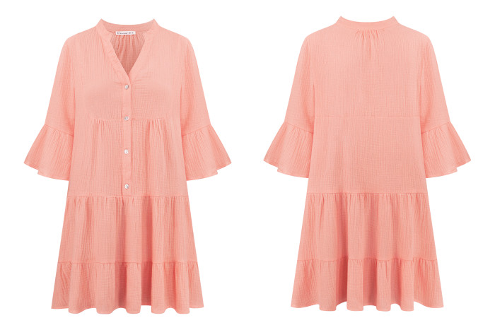 R.Vivimos Cotton Dresses for Women Summer V Neck 3/4 Flare Sleeve Button Front Casual Loose Tiered Mini Dress