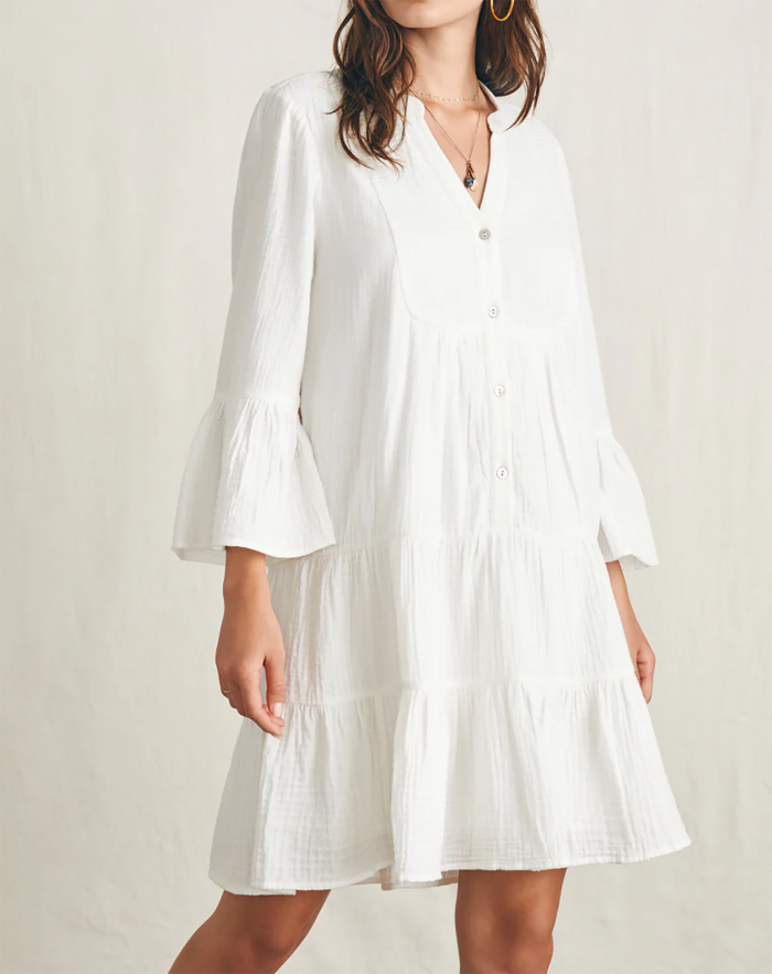 R.Vivimos Cotton Dresses for Women Summer V Neck 3/4 Flare Sleeve Button Front Casual Loose Tiered Mini Dress