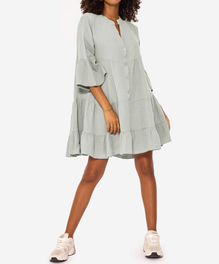 R.Vivimos Cotton Dresses for Women Summer V Neck 3/4 Flare Sleeve Button Front Casual Loose Tiered Mini Dress