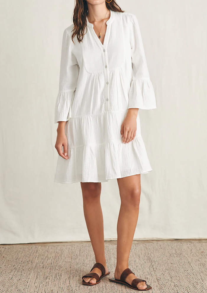 R.Vivimos Cotton Dresses for Women Summer V Neck 3/4 Flare Sleeve Button Front Casual Loose Tiered Mini Dress