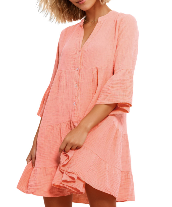 R.Vivimos Cotton Dresses for Women Summer V Neck 3/4 Flare Sleeve Button Front Casual Loose Tiered Mini Dress