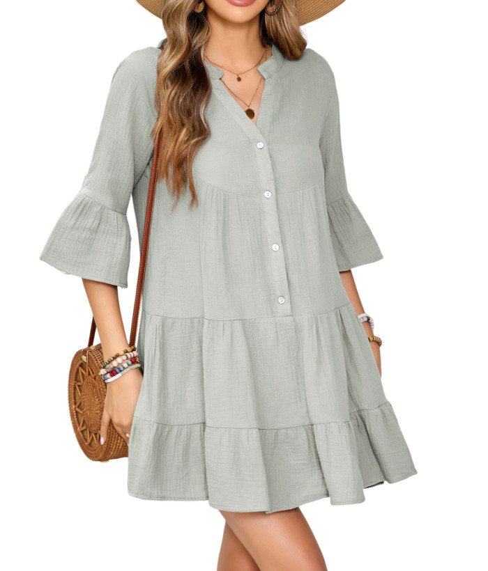 R.Vivimos Cotton Dresses for Women Summer V Neck 3/4 Flare Sleeve Button Front Casual Loose Tiered Mini Dress
