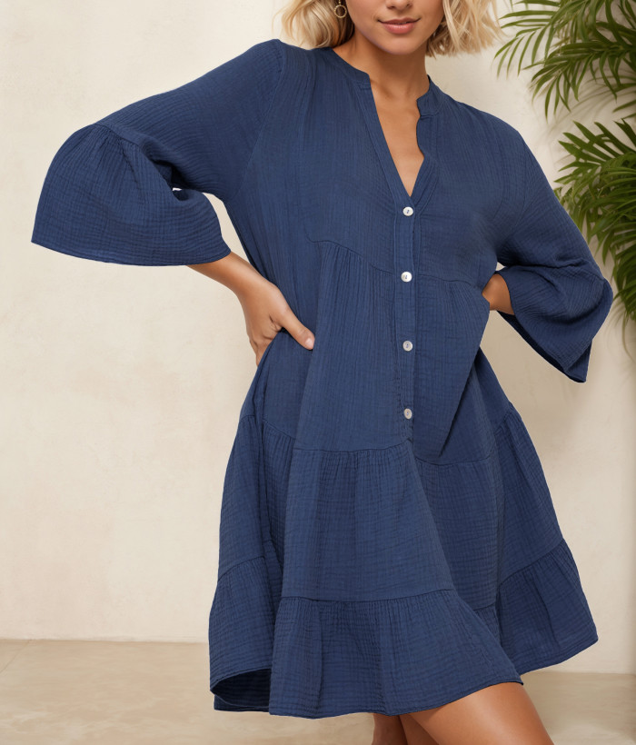 R.Vivimos Cotton Dresses for Women Summer V Neck 3/4 Flare Sleeve Button Front Casual Loose Tiered Mini Dress