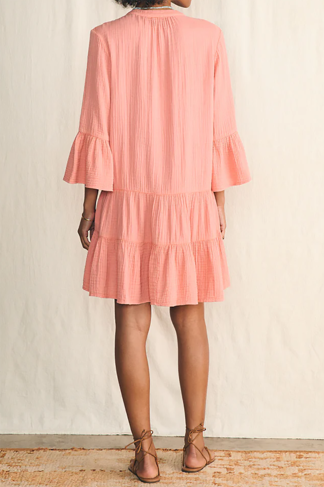 R.Vivimos Cotton Dresses for Women Summer V Neck 3/4 Flare Sleeve Button Front Casual Loose Tiered Mini Dress