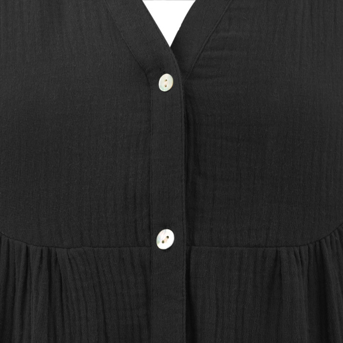 R.Vivimos Cotton Dresses for Women Summer V Neck 3/4 Flare Sleeve Button Front Casual Loose Tiered Mini Dress