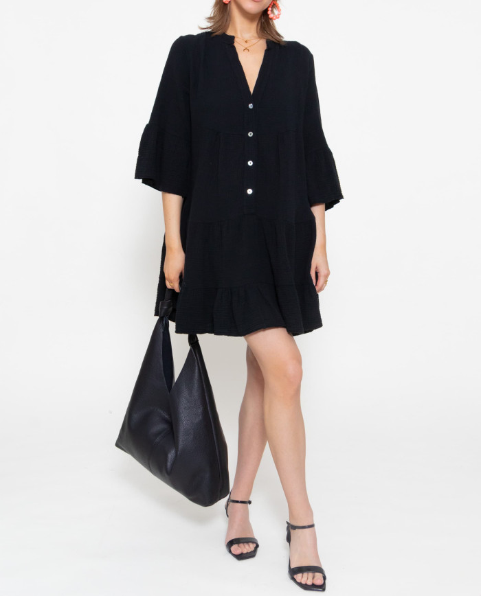 R.Vivimos Cotton Dresses for Women Summer V Neck 3/4 Flare Sleeve Button Front Casual Loose Tiered Mini Dress