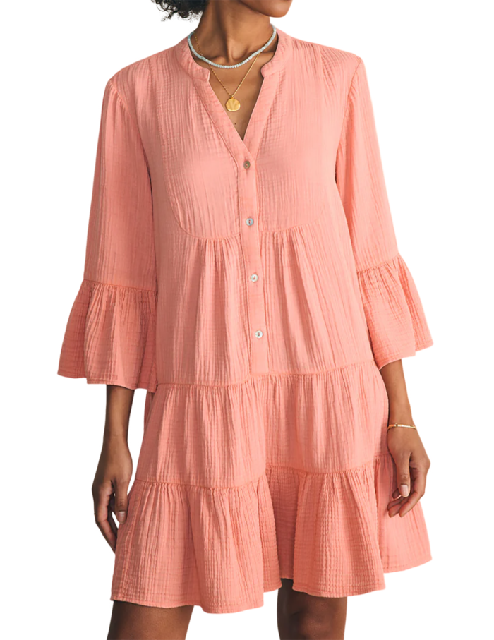 R.Vivimos Cotton Dresses for Women Summer V Neck 3/4 Flare Sleeve Button Front Casual Loose Tiered Mini Dress