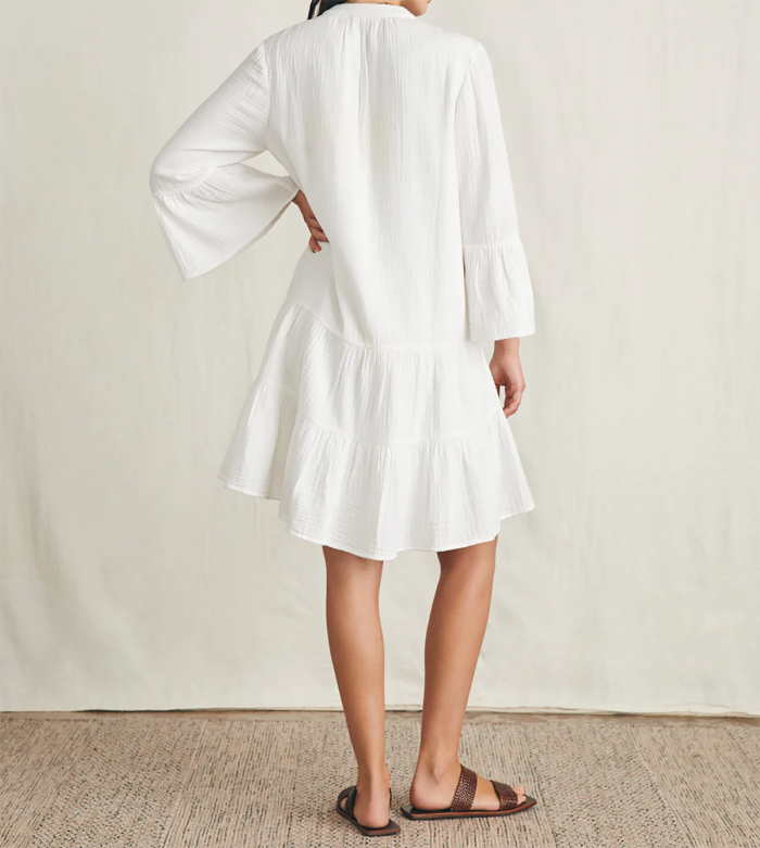 R.Vivimos Cotton Dresses for Women Summer V Neck 3/4 Flare Sleeve Button Front Casual Loose Tiered Mini Dress