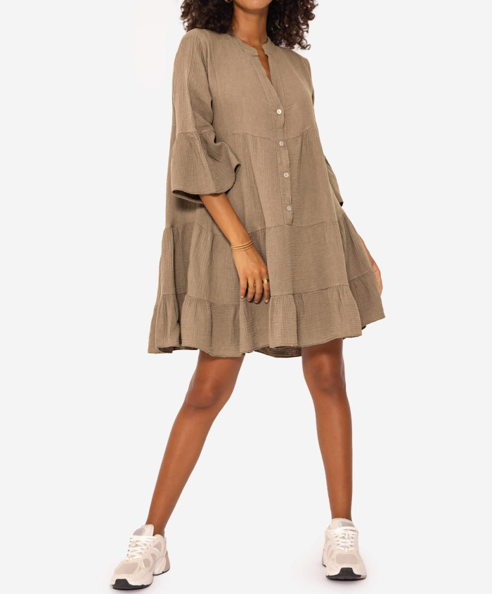 R.Vivimos Cotton Dresses for Women Summer V Neck 3/4 Flare Sleeve Button Front Casual Loose Tiered Mini Dress