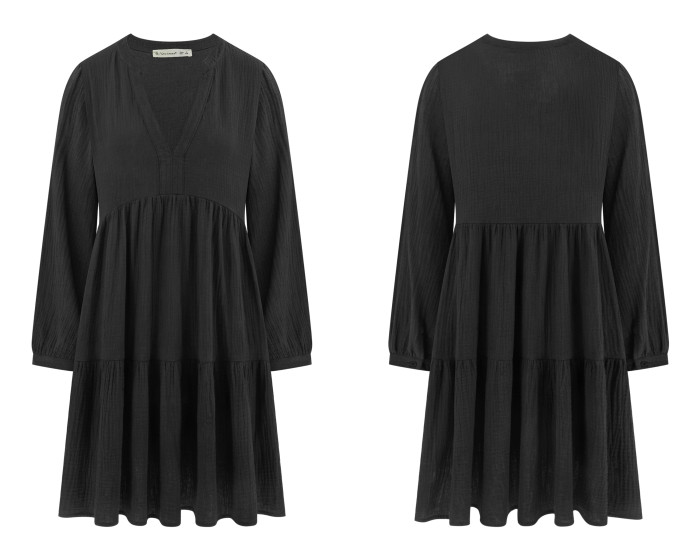 R.Vivimos Cotton Casual Dresses for Women Long Sleeve V Neck Tiered Flowy Mini Tunic Dress