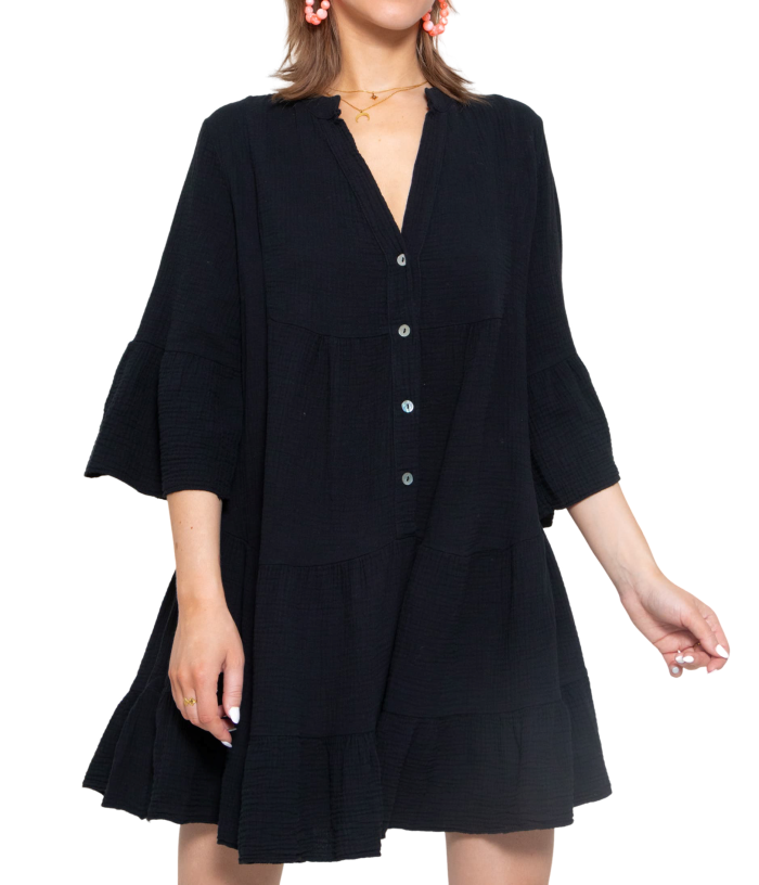 R.Vivimos Cotton Dresses for Women Summer V Neck 3/4 Flare Sleeve Button Front Casual Loose Tiered Mini Dress