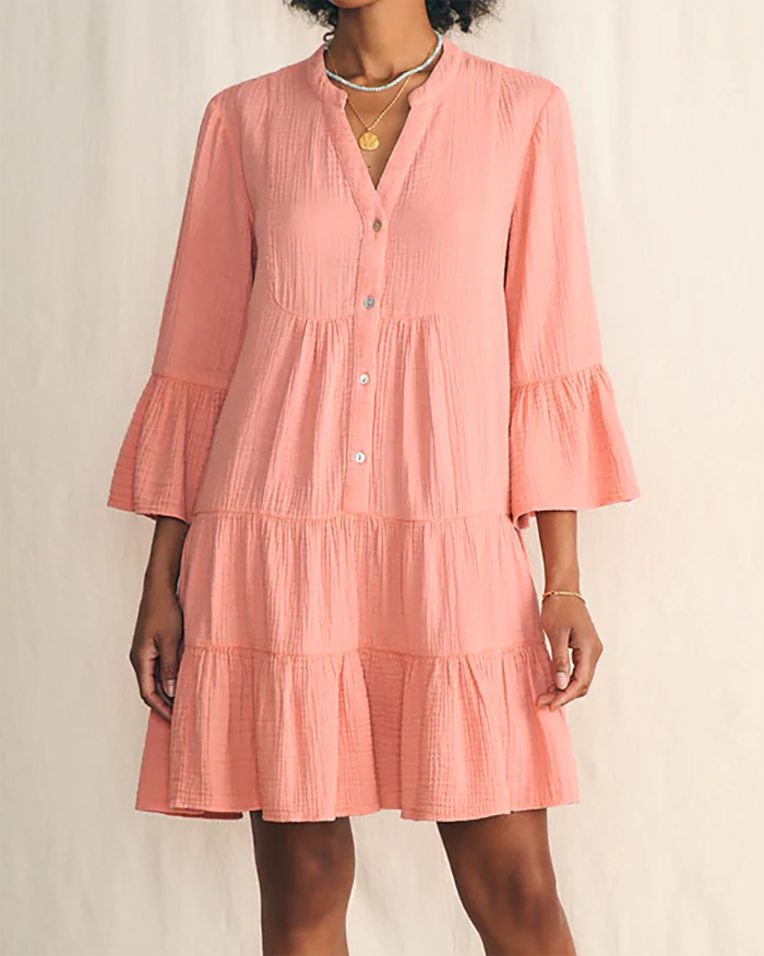 R.Vivimos Cotton Dresses for Women Summer V Neck 3/4 Flare Sleeve Button Front Casual Loose Tiered Mini Dress