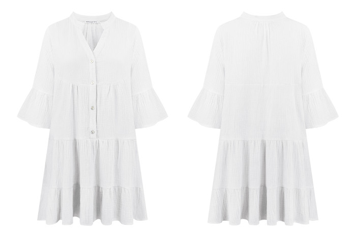 R.Vivimos Cotton Dresses for Women Summer V Neck 3/4 Flare Sleeve Button Front Casual Loose Tiered Mini Dress