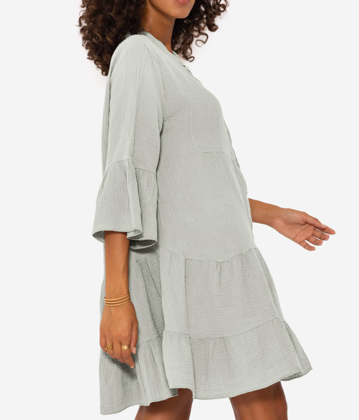 R.Vivimos Cotton Dresses for Women Summer V Neck 3/4 Flare Sleeve Button Front Casual Loose Tiered Mini Dress