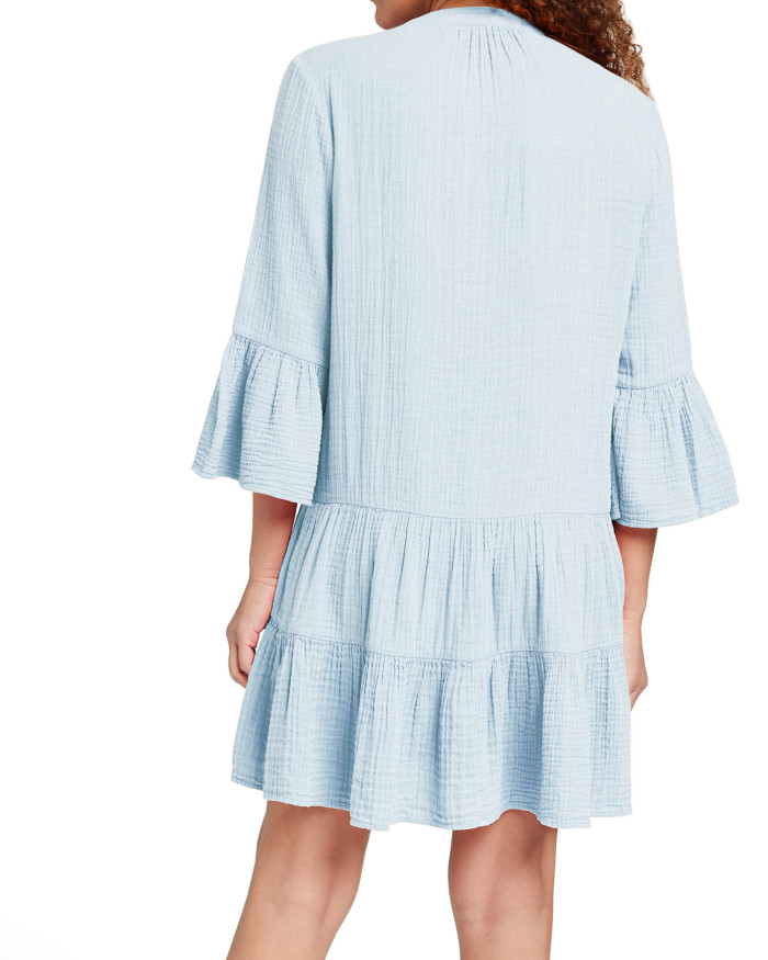 R.Vivimos Cotton Dresses for Women Summer V Neck 3/4 Flare Sleeve Button Front Casual Loose Tiered Mini Dress