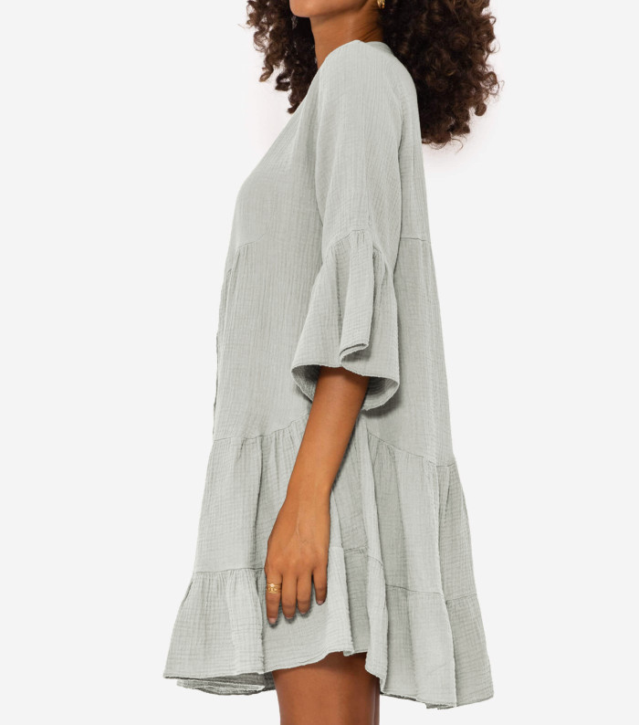 R.Vivimos Cotton Dresses for Women Summer V Neck 3/4 Flare Sleeve Button Front Casual Loose Tiered Mini Dress