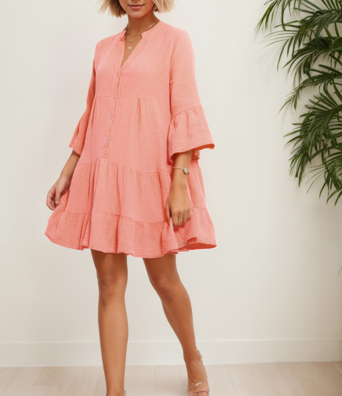 R.Vivimos Cotton Dresses for Women Summer V Neck 3/4 Flare Sleeve Button Front Casual Loose Tiered Mini Dress