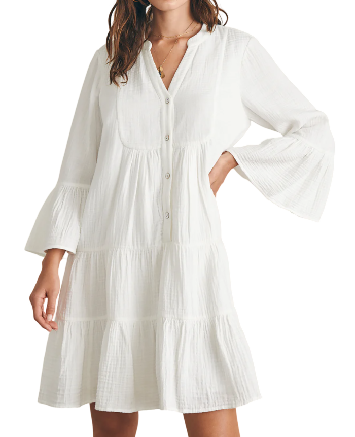 R.Vivimos Cotton Dresses for Women Summer V Neck 3/4 Flare Sleeve Button Front Casual Loose Tiered Mini Dress