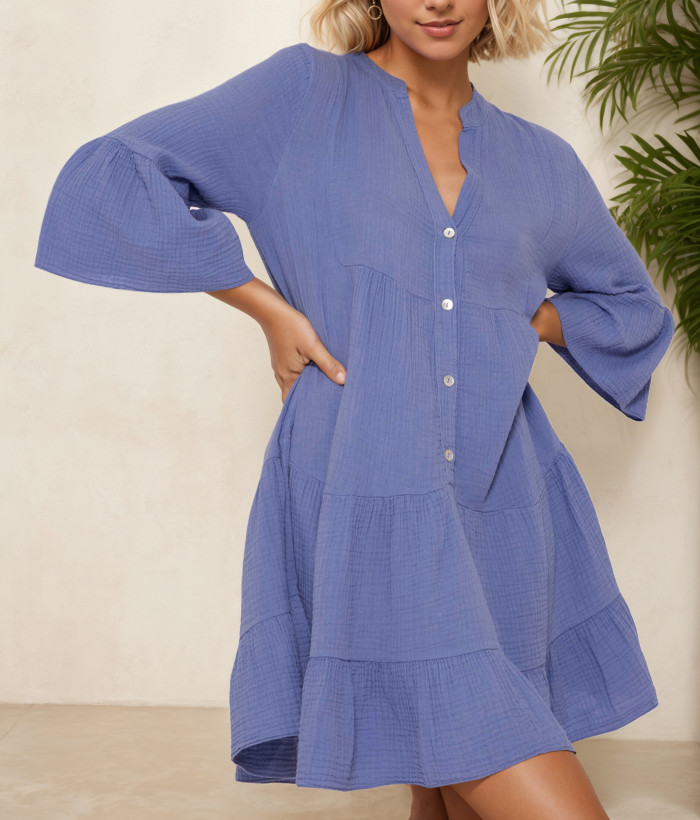 R.Vivimos Cotton Dresses for Women Summer V Neck 3/4 Flare Sleeve Button Front Casual Loose Tiered Mini Dress