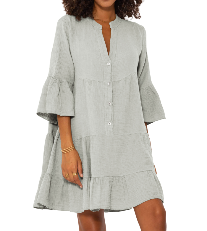 R.Vivimos Cotton Dresses for Women Summer V Neck 3/4 Flare Sleeve Button Front Casual Loose Tiered Mini Dress