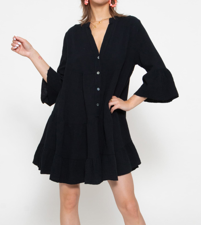 R.Vivimos Cotton Dresses for Women Summer V Neck 3/4 Flare Sleeve Button Front Casual Loose Tiered Mini Dress