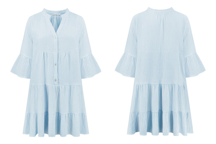 R.Vivimos Cotton Dresses for Women Summer V Neck 3/4 Flare Sleeve Button Front Casual Loose Tiered Mini Dress