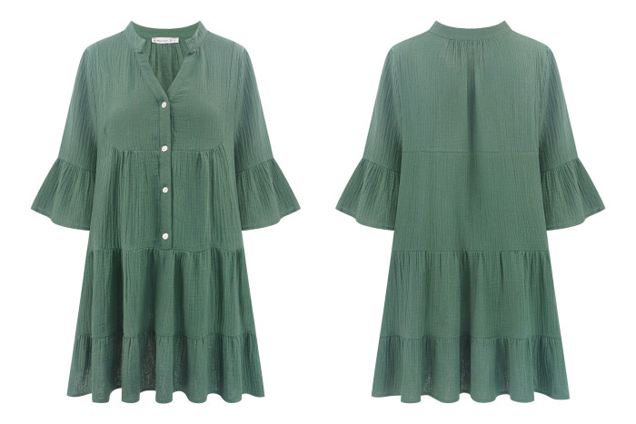 R.Vivimos Cotton Dresses for Women Summer V Neck 3/4 Flare Sleeve Button Front Casual Loose Tiered Mini Dress
