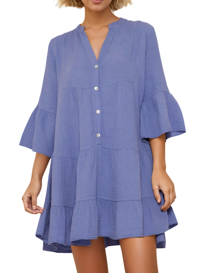 R.Vivimos Cotton Dresses for Women Summer V Neck 3/4 Flare Sleeve Button Front Casual Loose Tiered Mini Dress