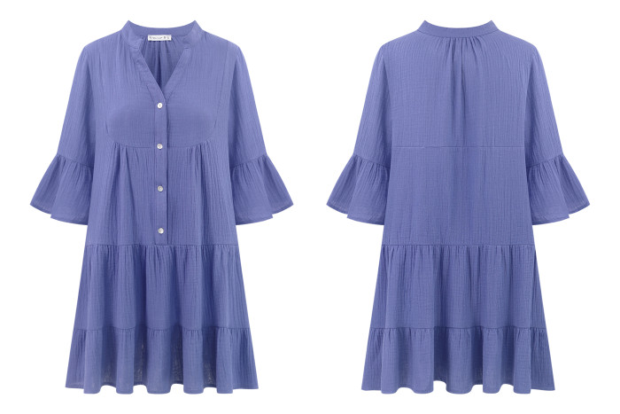 R.Vivimos Cotton Dresses for Women Summer V Neck 3/4 Flare Sleeve Button Front Casual Loose Tiered Mini Dress