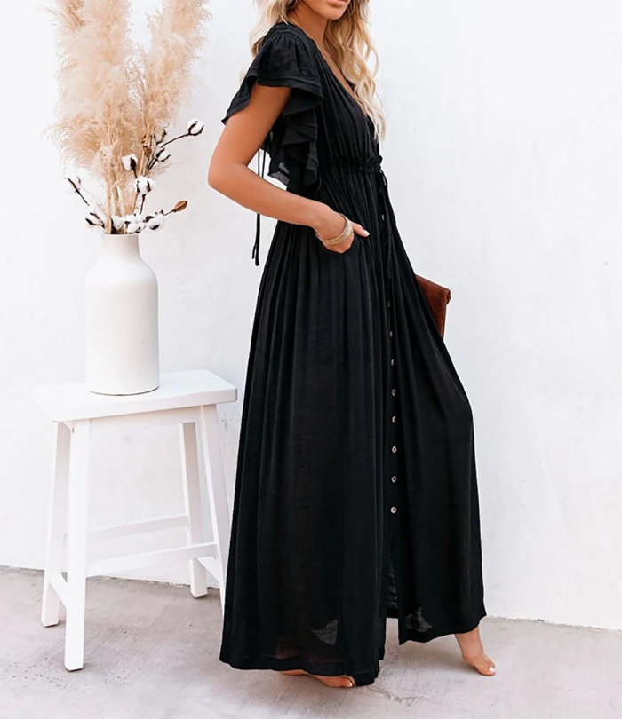 R.Vivimos Maxi Dresses for Women 2025 Summer Short Sleeve V Neck Elastic Waist Boho Loose Flowy Long Dresses with Pockets
