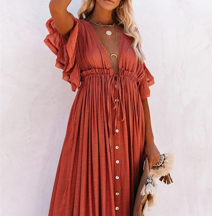 R.Vivimos Maxi Dresses for Women 2025 Summer Short Sleeve V Neck Elastic Waist Boho Loose Flowy Long Dresses with Pockets