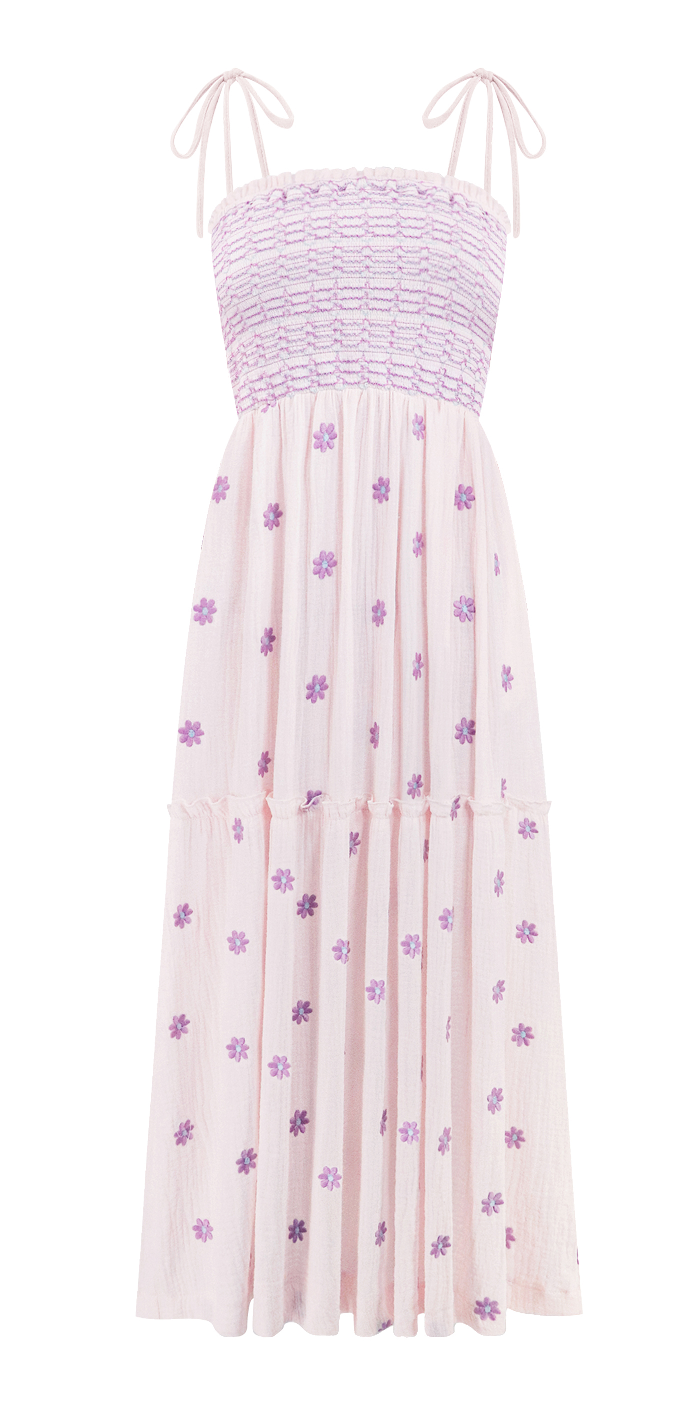 R.Vivimos Womens Summer Cotton Boho Midi Dress 2025 Spaghetti Strap Floral Embroidered Smocked Flowy Pockets Dress