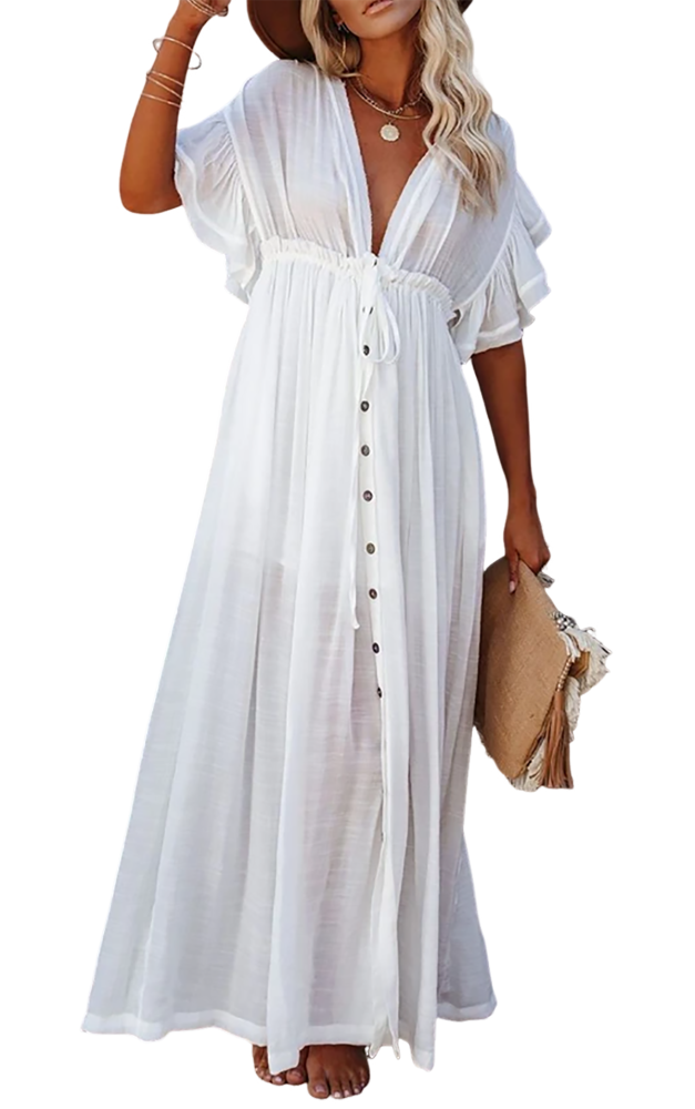 R.Vivimos Maxi Dresses for Women 2025 Summer Short Sleeve V Neck Elastic Waist Boho Loose Flowy Long Dresses with Pockets