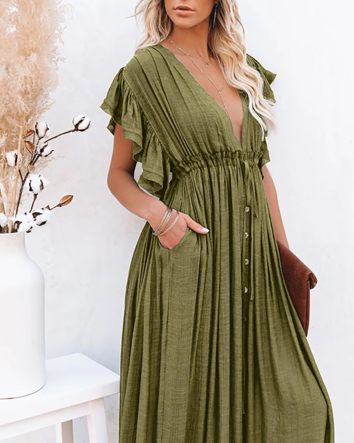 R.Vivimos Maxi Dresses for Women 2025 Summer Short Sleeve V Neck Elastic Waist Boho Loose Flowy Long Dresses with Pockets