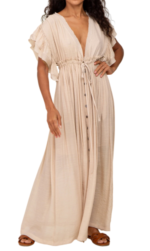 R.Vivimos Maxi Dresses for Women 2025 Summer Short Sleeve V Neck Elastic Waist Boho Loose Flowy Long Dresses with Pockets