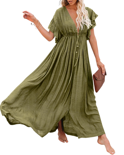R.Vivimos Maxi Dresses for Women 2025 Summer Short Sleeve V Neck Elastic Waist Boho Loose Flowy Long Dresses with Pockets