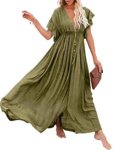 R.Vivimos Maxi Dresses for Women 2025 Summer Short Sleeve V Neck Elastic Waist Boho Loose Flowy Long Dresses with Pockets