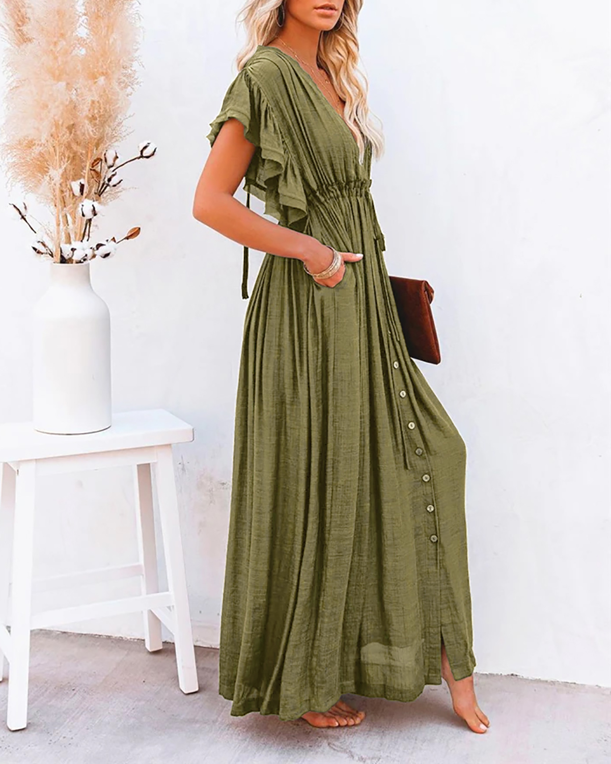 R.Vivimos Maxi Dresses for Women 2025 Summer Short Sleeve V Neck Elastic Waist Boho Loose Flowy Long Dresses with Pockets3