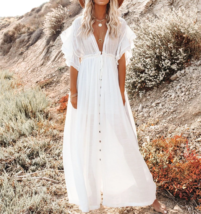 R.Vivimos Maxi Dresses for Women 2025 Summer Short Sleeve V Neck Elastic Waist Boho Loose Flowy Long Dresses with Pockets
