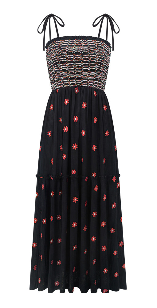 R.Vivimos Womens Summer Cotton Boho Midi Dress 2025 Spaghetti Strap Floral Embroidered Smocked Flowy Pockets Dress