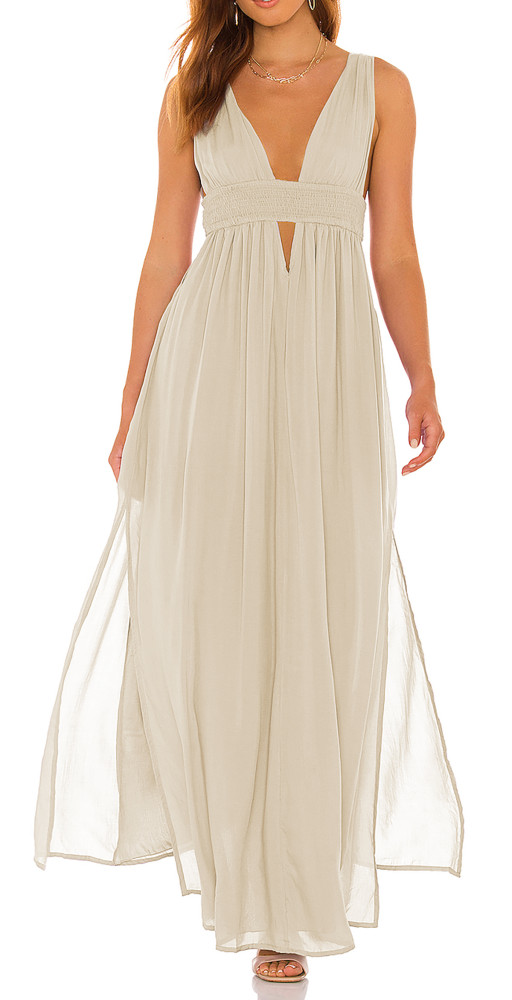 R.Vivimos Boho Dress for Women Sexy Deep V Neck Sleeveless Hollow Out Backless Casual Side Slit Maxi Dress
